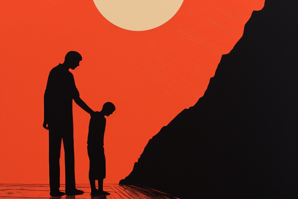 A silhouette of a man and a child standing on a dock.