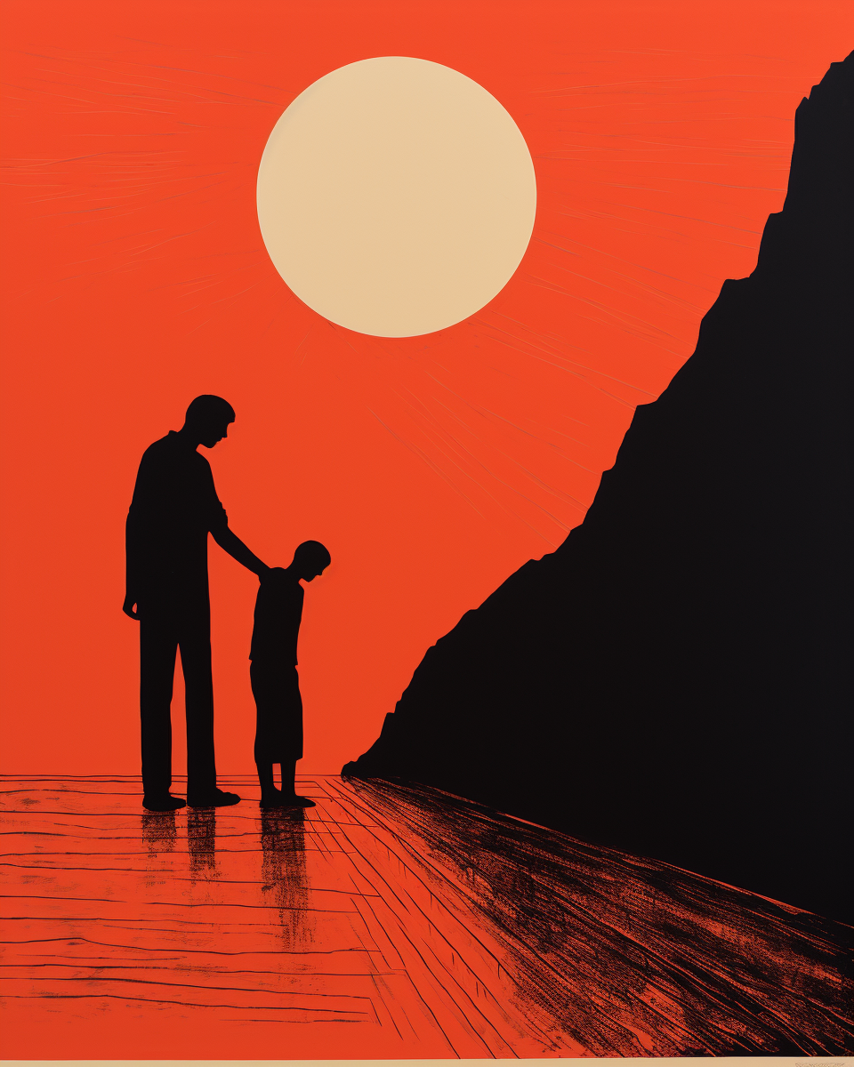 A silhouette of a man and a child standing on a dock.