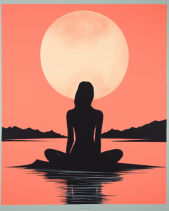 A woman is sitting in a lotus position in front of a full moon.