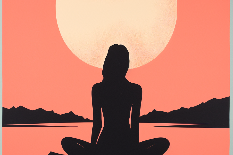 A woman is sitting in a lotus position in front of a full moon.