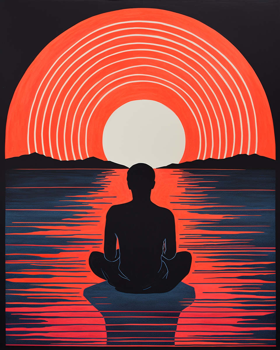 An image of a man sitting in a lotus position at sunset.