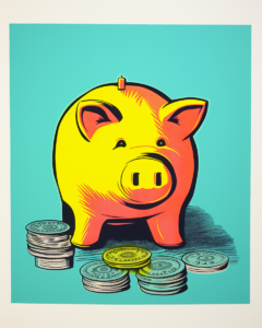 A piggy bank sitting next to a pile of coins.