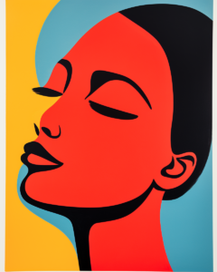 A poster of a woman's face in red, blue and yellow.