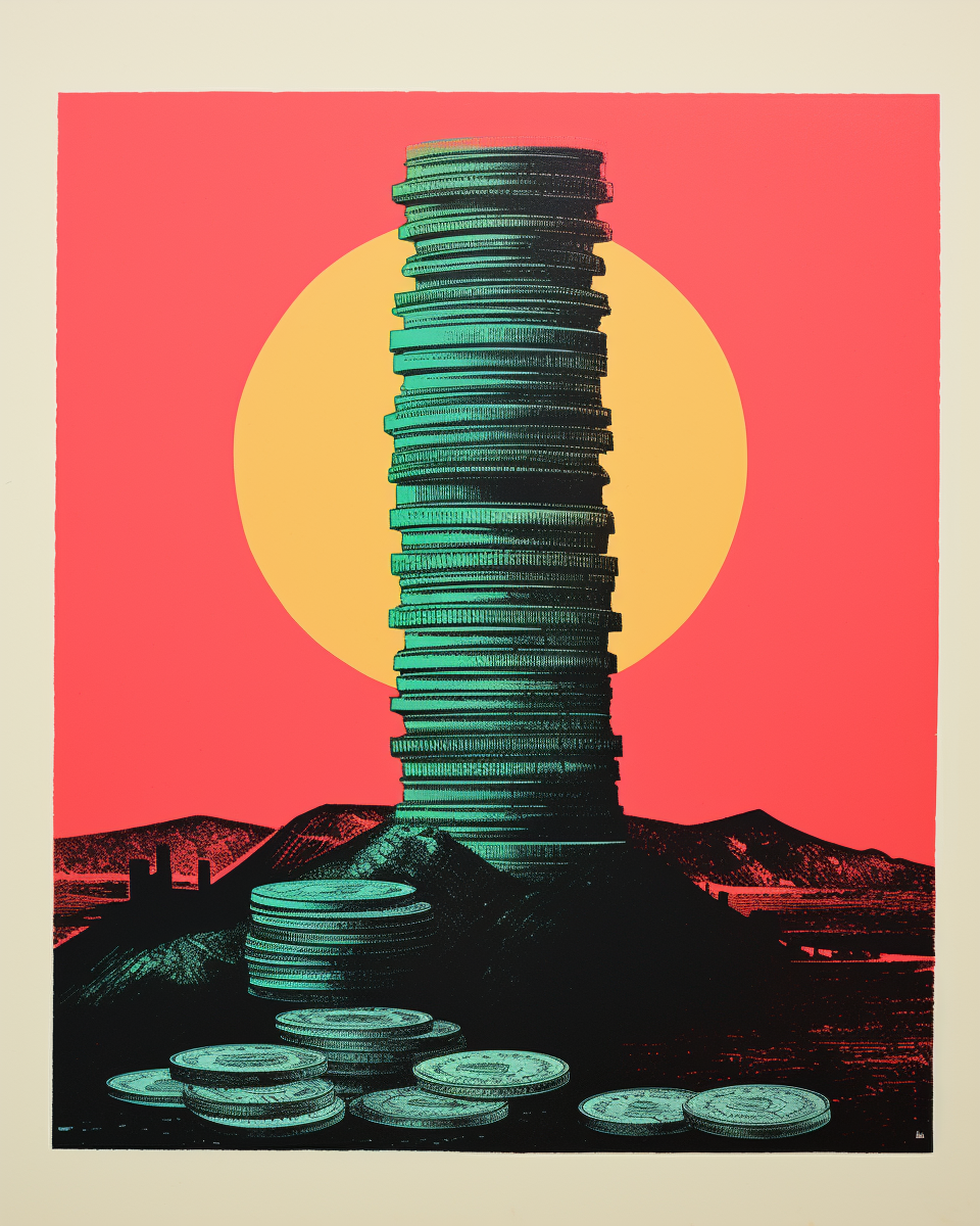 A stack of coins in front of a sunset.