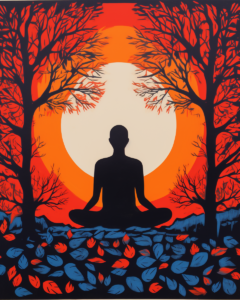 An illustration of a man meditating in the forest.