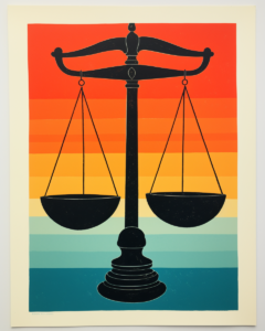 A poster with a scale of justice in the background.