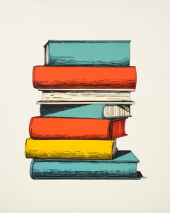 A stack of books on a white background.