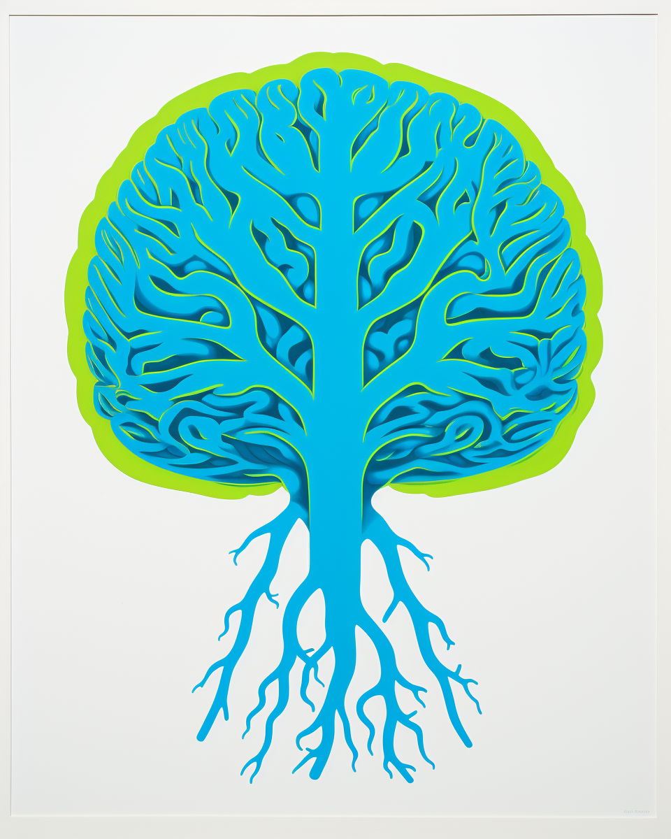 A blue tree with roots on a white background.