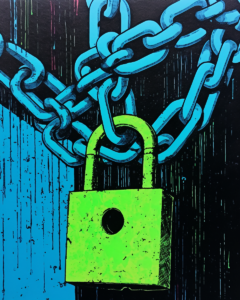 A painting of a padlock on a chain.