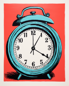 A blue alarm clock on a red background.