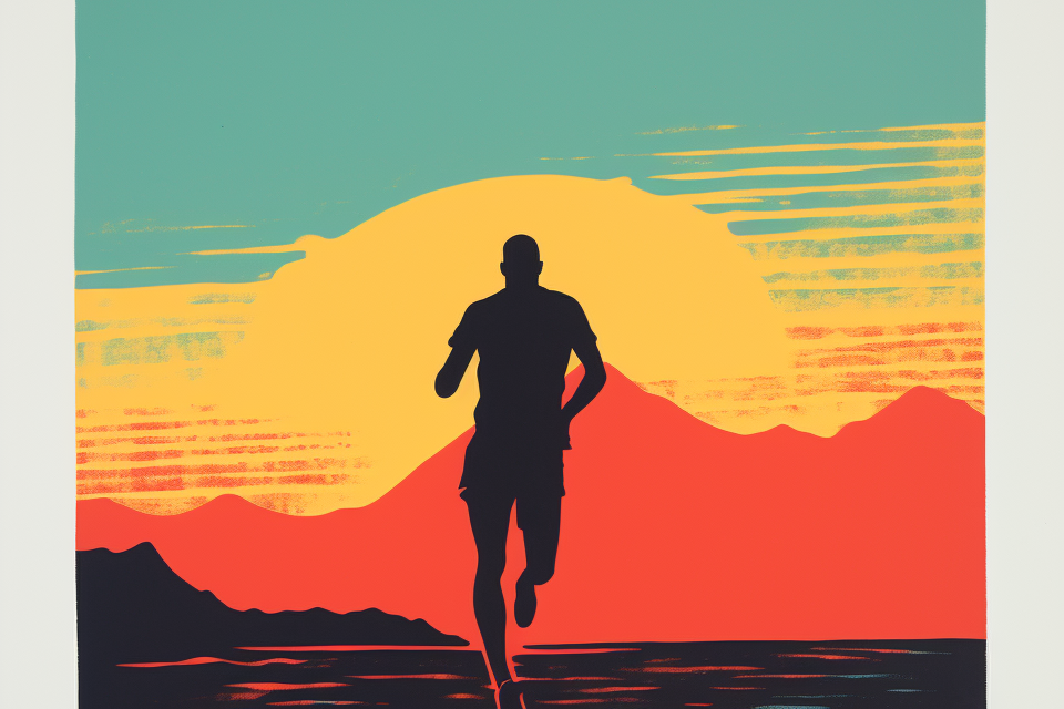 An illustration of a runner running at sunset.