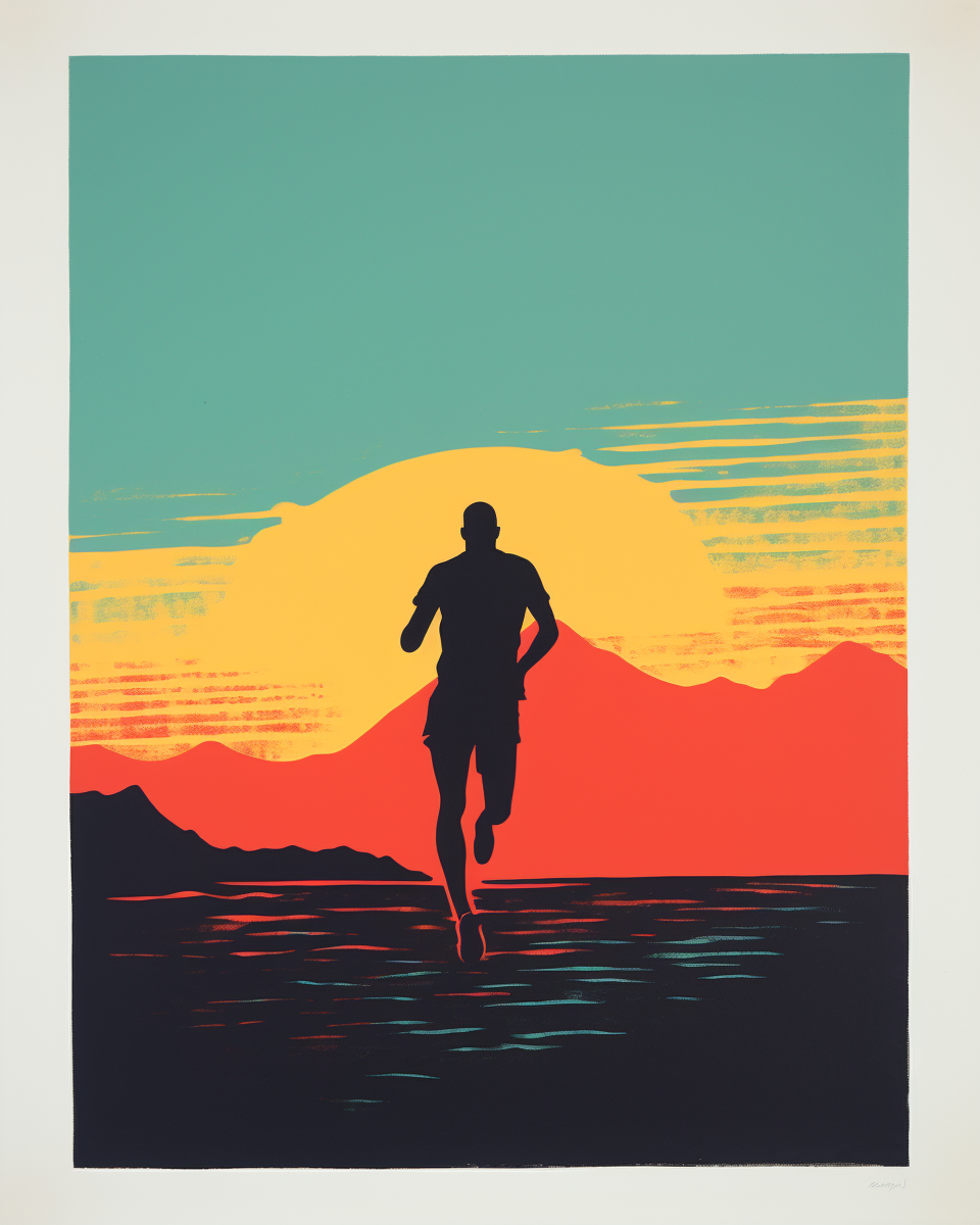 An illustration of a runner running at sunset.