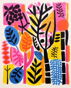 A colorful painting of plants and trees.