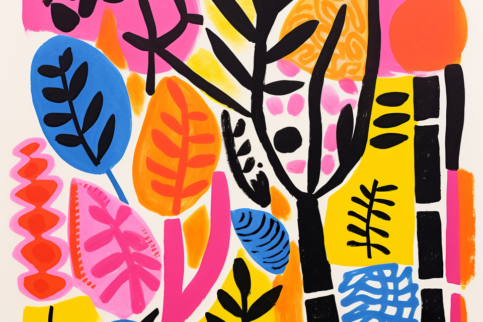 A colorful painting of plants and trees.