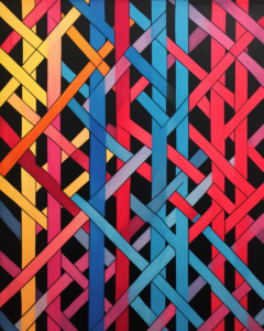 A painting with colorful lines on a black background.