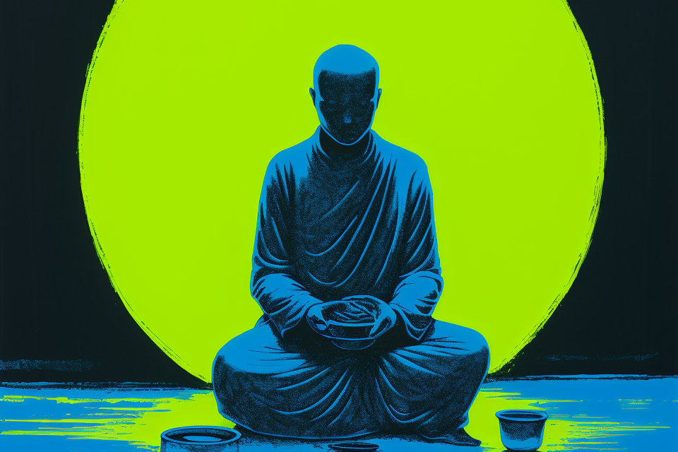 A painting of a buddha sitting in front of a blue and green moon.