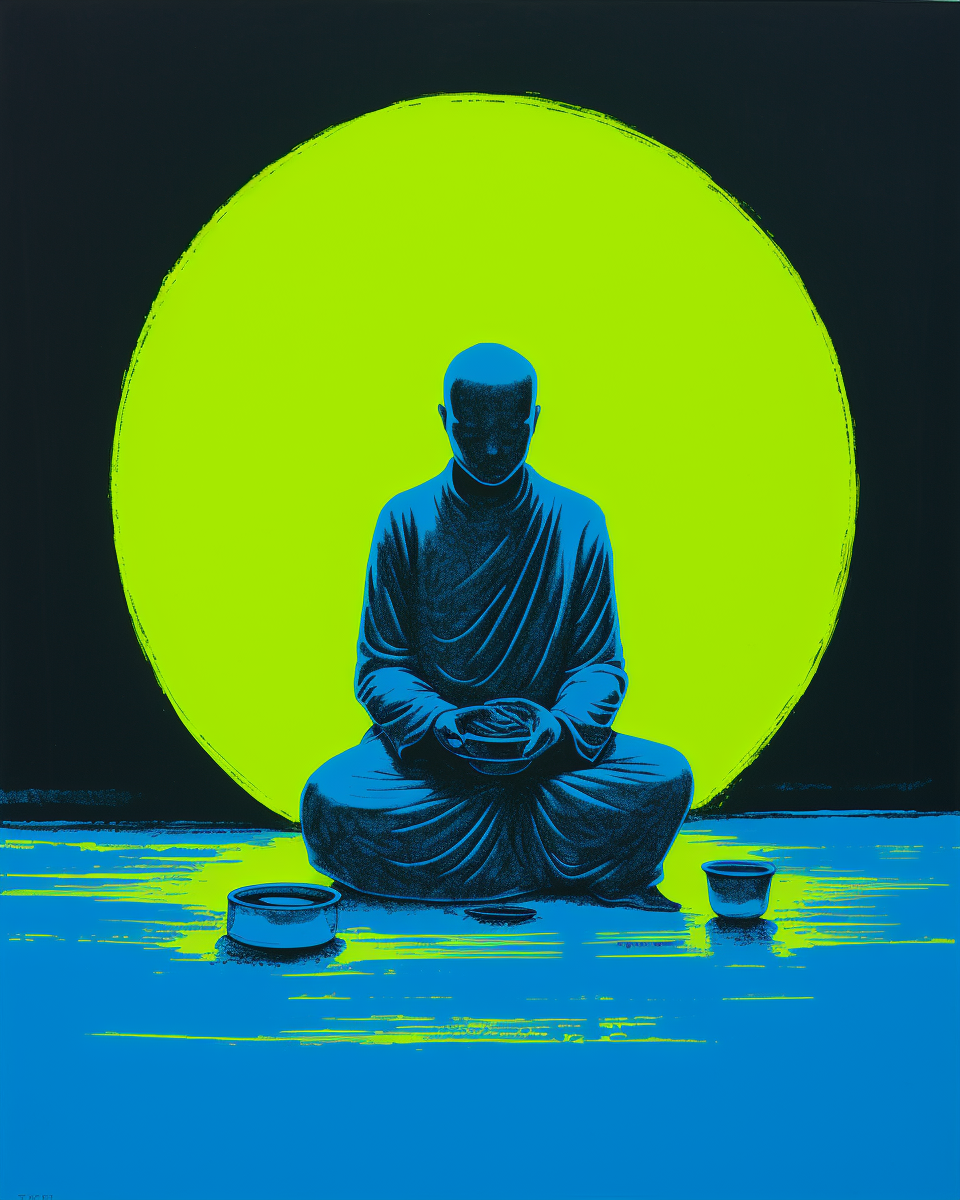 A painting of a buddha sitting in front of a blue and green moon.