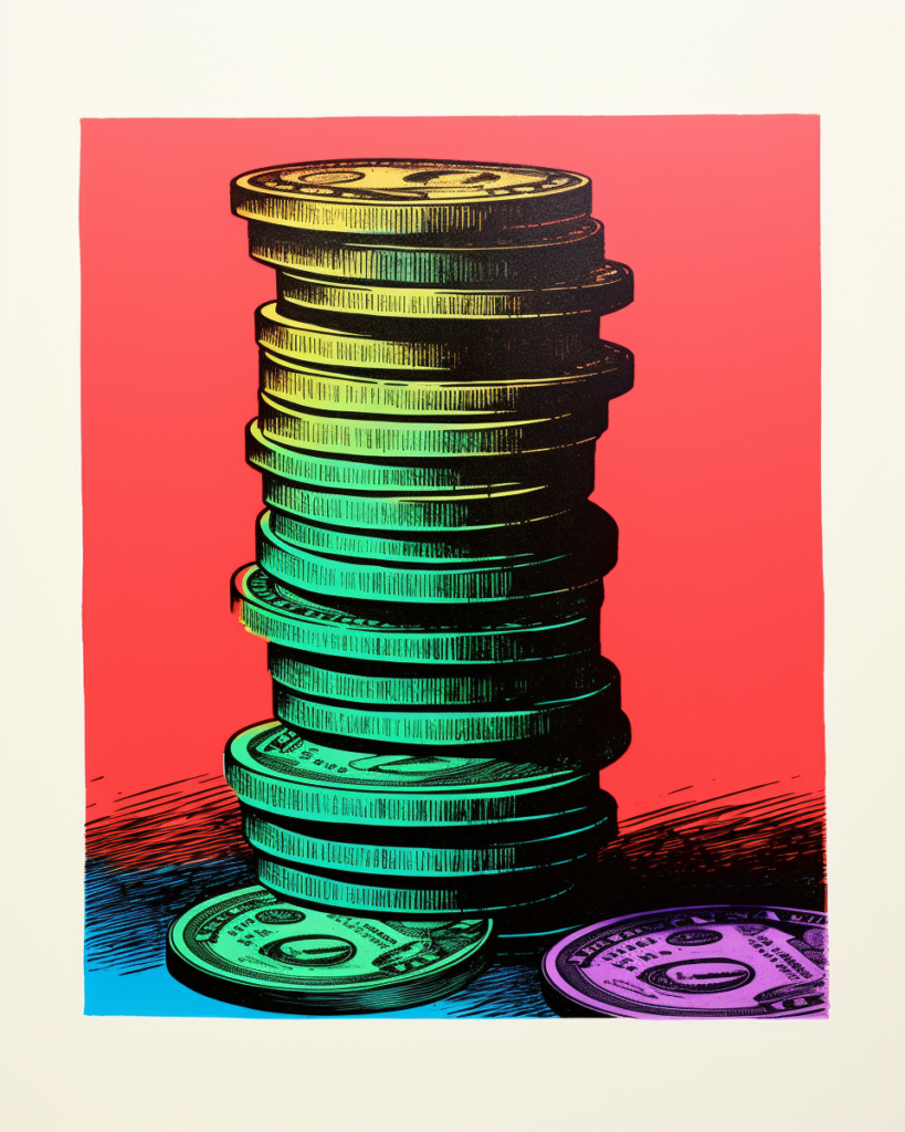 A stack of coins on a red and blue background.