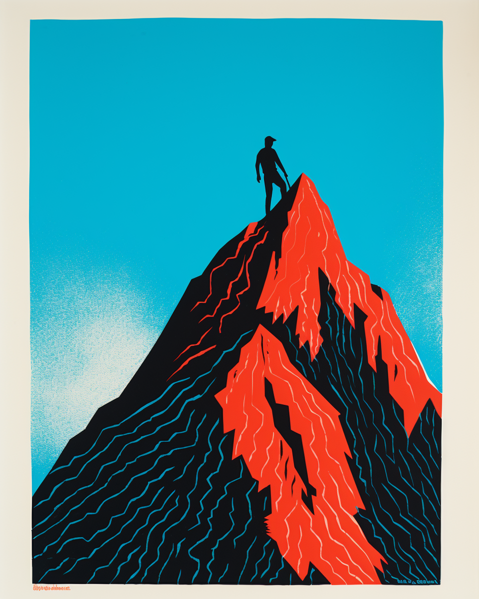 A print of a man standing on top of a mountain.