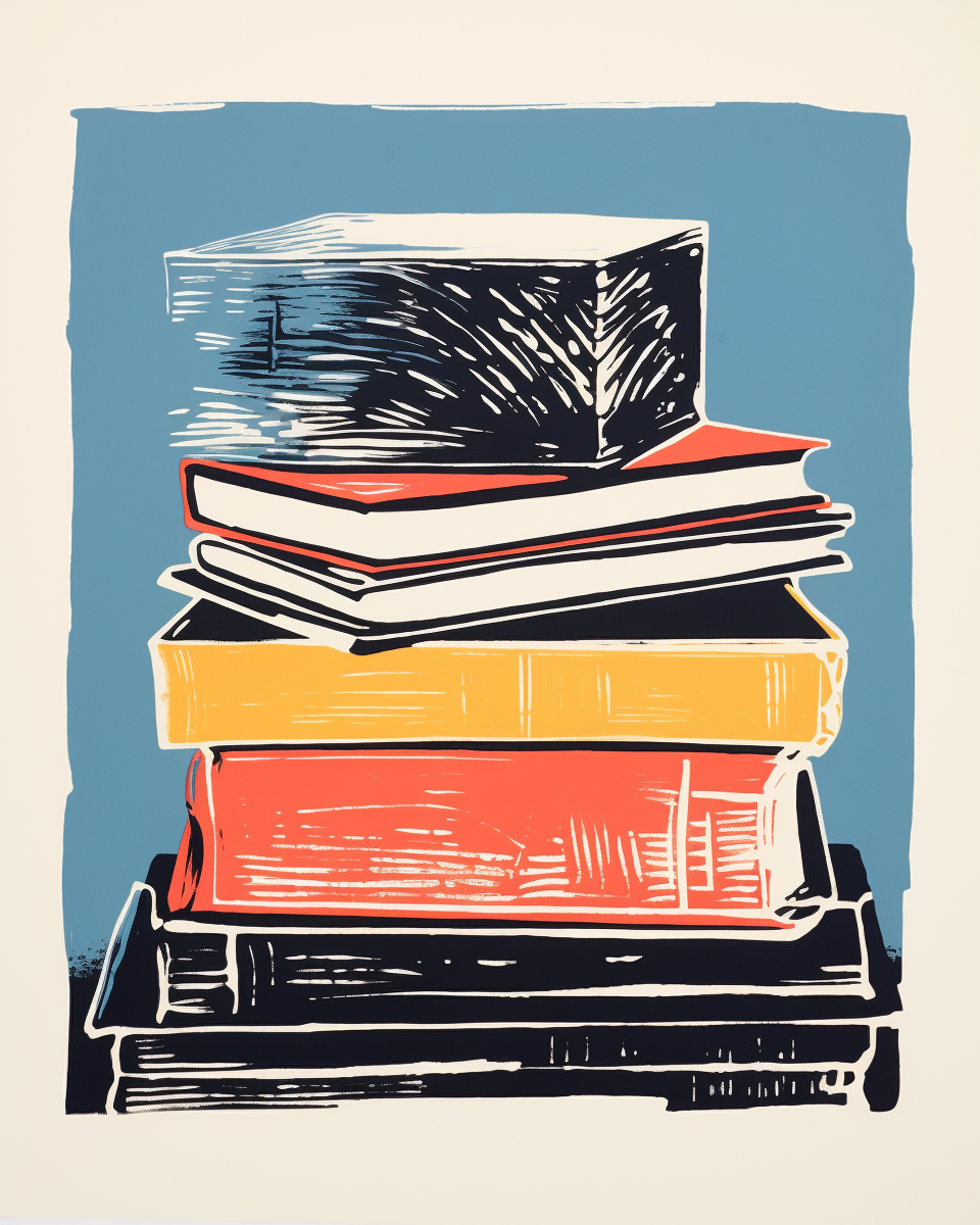 A stack of books on a blue background.