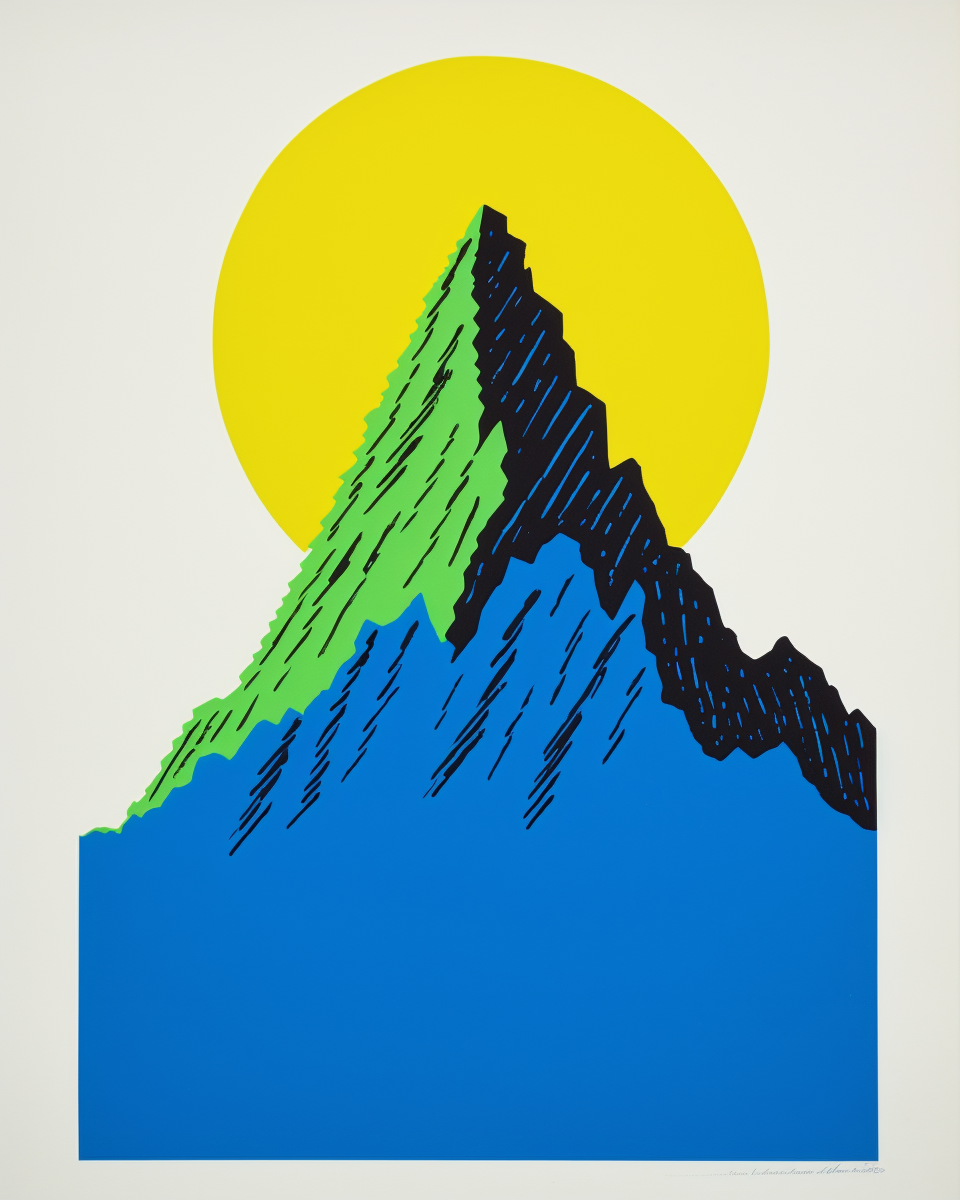 A print of a mountain with a sun on it.