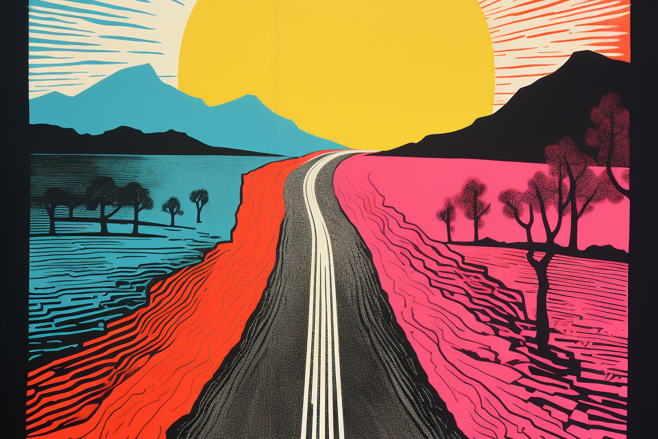 A painting of a road with a sun setting behind it.