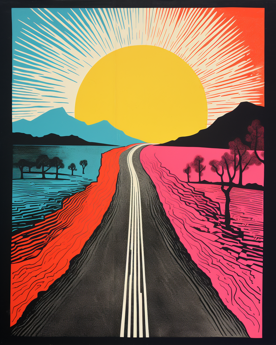 A painting of a road with a sun setting behind it.