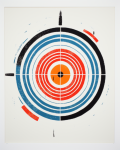 A print of a target with a red, blue, and orange circle.