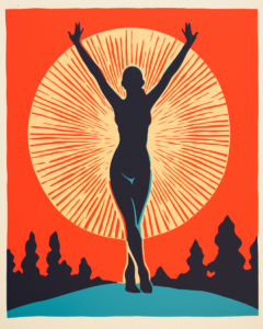 A silhouette of a woman with her arms raised in the air.