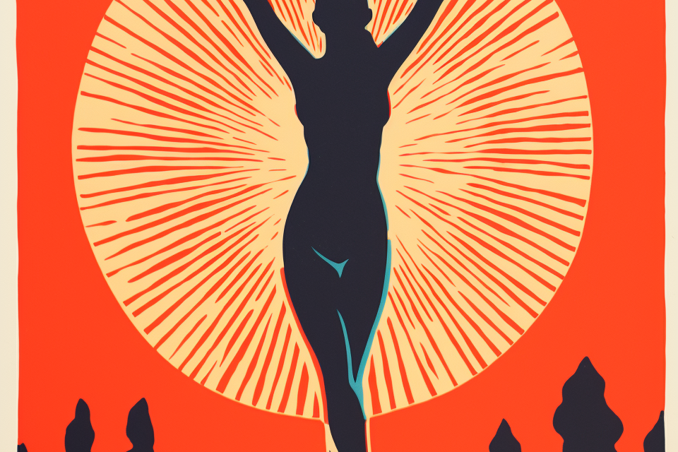 A silhouette of a woman with her arms raised in the air.