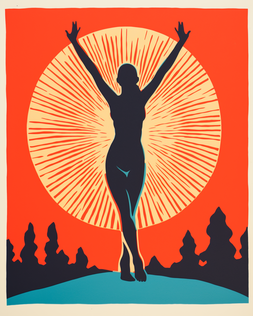 A silhouette of a woman with her arms raised in the air.